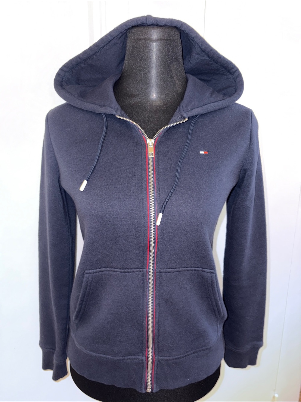 TOMMY HILFIGER Navy Zip Front Hoodie with Signature Flag